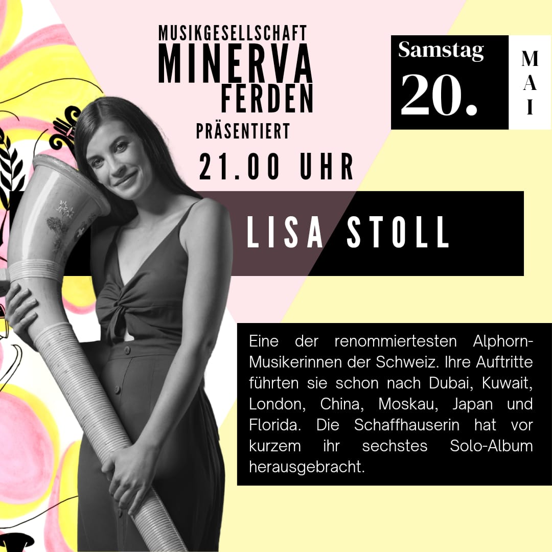21:00 Uhr - Lisa Stoll. Eine der renommiertesten Alphorn-Musikerinnen der Schweiz. Ihre Auftritte führten sie schon nach Dubai, Kuwait, London, China, Moskau, Japan und Florida. Die Schaffhauserin hat vor Kurzem ihr sechstes Solo-Album herausgebracht. 