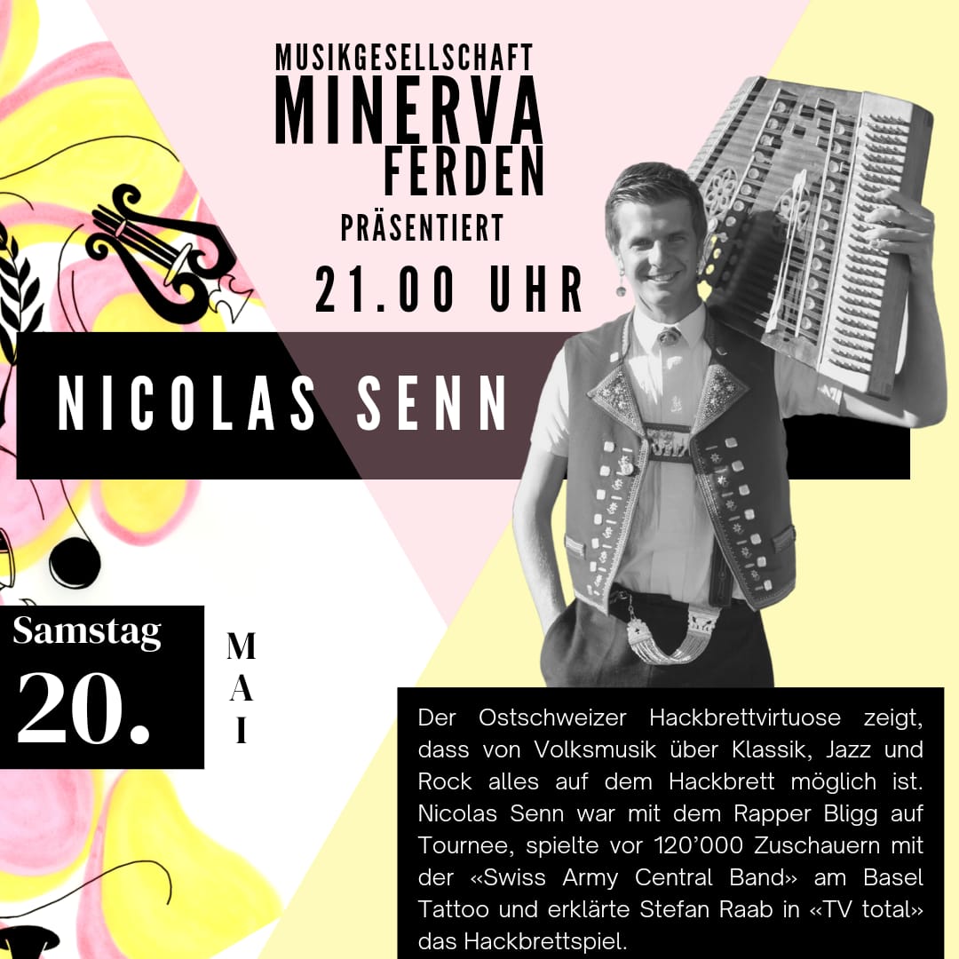 21:00 Uhr - Nicolas Senn. Der Ostschweizer Hackbrettvirtuose zeigt, dass von Voklsmusik über Klassik, Jazz und Rock alles auf dem Hackbrett möglich ist. Nicolas Senn war mit dem Rapper Bligg auf Tournee, spielte vor 120000 Zuschauern mit der Swiss Army Central Band am Basel Tattoo und erklärte Stefan Raab in TV Total das Hackbrettspiel.