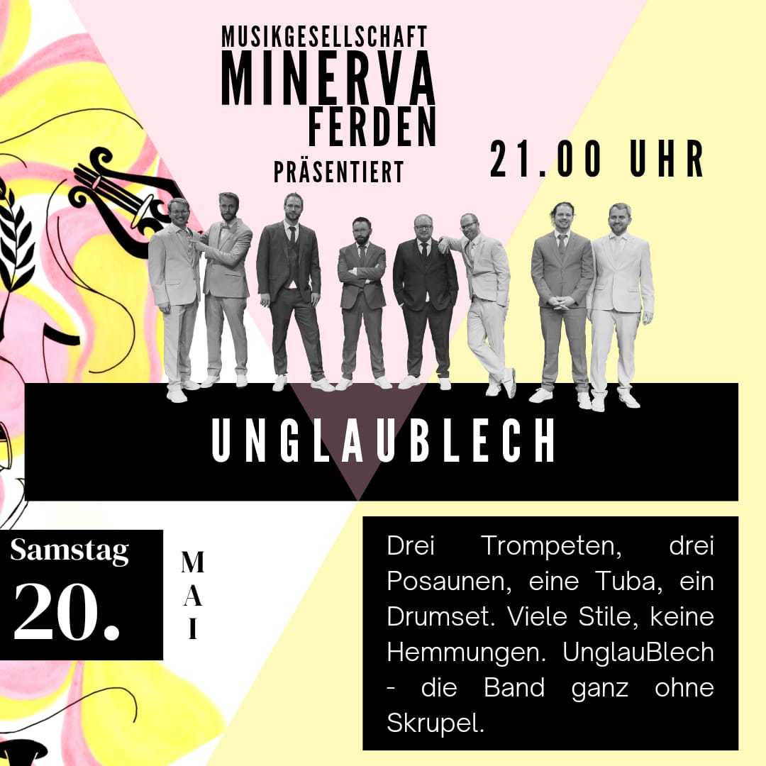 21:00 Uhr - UnglauBlech. Drei Trompeten, drei Posaunen, eine Tuba, ein Drumset. Viele Stile, keine Hemmungen. UnglauBlech, die Band ganz ohne Skrupel.